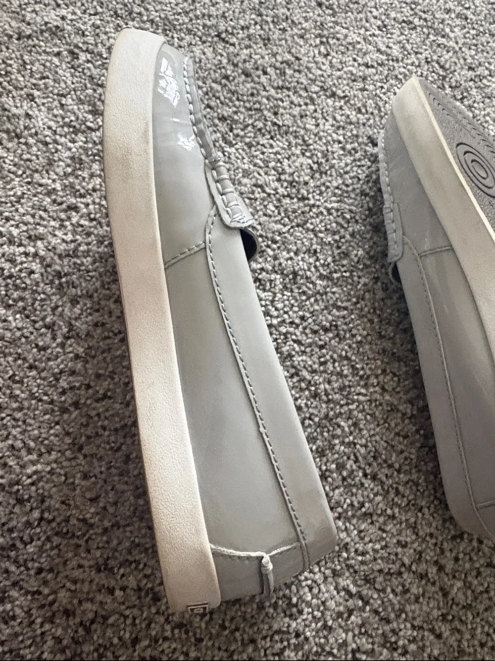 Cole Haan Light Gray Patent Penny Loafers with White Sole